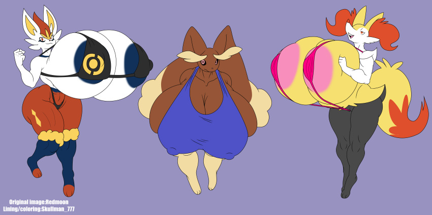 absurd_res anthro areola areola_slip big_breasts bikini black_sclera blue_areola braixen breasts brown_body cinderace cleavage clothed clothing dipstick_tail female group half-closed_eyes hand_on_breast hi_res holding_breast huge_breasts hyper hyper_breasts looking_at_viewer lopunny markings multicolored_body narrowed_eyes navel nintendo nipple_outline open_mouth orange_eyes pink_areola pink_eyes pok&eacute;mon pok&eacute;mon_(species) red_eyes redmoon83 skullman777 sling_bikini swimwear tail_markings trio video_games