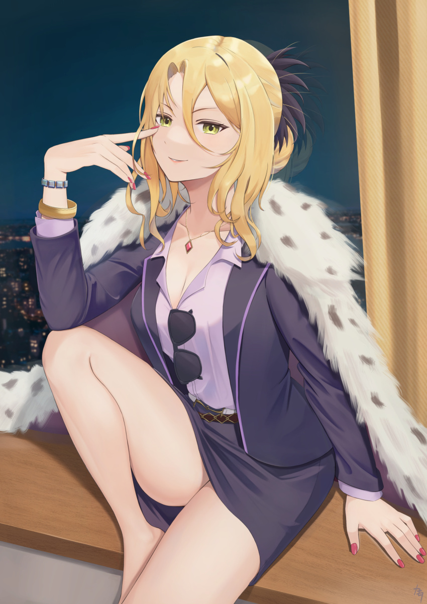 1girl bangs barefoot blonde_hair bracelet breasts capelet christina_(princess_connect!) cleavage collarbone commentary eyebrows_visible_through_hair eyewear_on_clothing eyewear_removed fur-trimmed_capelet fur_trim hair_between_eyes hair_bun highres index_finger_raised indoors jewelry kamota_(kamotadm) knee_up looking_at_viewer mature_female medium_breasts miniskirt nail_polish necklace night office_lady parted_bangs parted_lips pencil_skirt pointing pointing_at_self princess_connect! red_nails ruby_(gemstone) sidelocks sitting skirt smile solo sunglasses yellow_eyes
