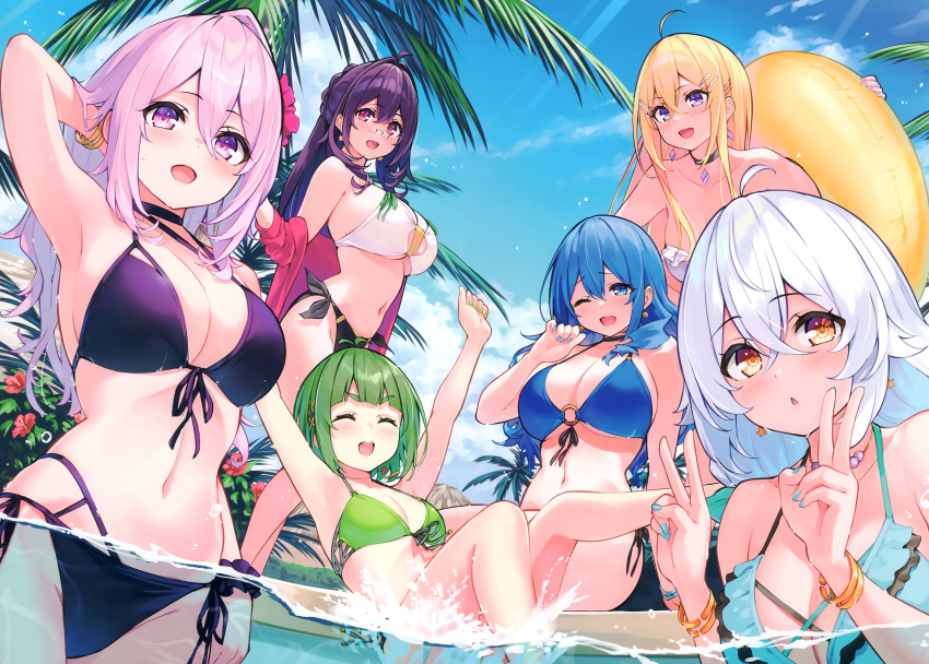 6+girls absurdres ahoge armpits bangs bare_shoulders bikini black_hair blonde_hair blue_eyes blue_hair blue_sky blush bracelet breasts choker cleavage closed_eyes cloud cu-no day double_v fingernails glasses hair_ornament hairclip hakurei_botan highres hisen_kaede holding innertube jewelry kohitsuji_ai kokonoe_tamaki large_breasts long_hair looking_at_viewer multiple_girls navel nonono_futaba o-ring o-ring_bikini open_mouth orange_eyes outdoors palm_tree partially_submerged pink_hair purple_eyes rapua_qive red_eyes scan shiny shiny_hair short_hair simple_background sitting sky smile stomach sunlight swimsuit thighs tree upper_body v water white_hair yayoi_sakura