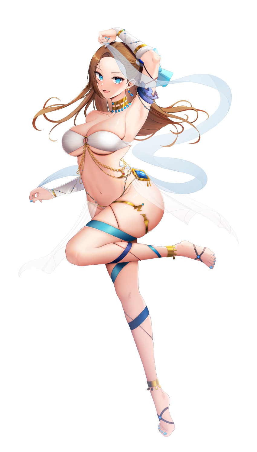1girl :d absurdres alternate_costume anklet arm_up armpits bare_shoulders barefoot blue_eyes blue_nails breasts brown_hair cleavage collarbone dancer earrings eyebrows_visible_through_hair eyelashes feet forehead gem gold_choker gold_trim highres jewelry katarina_claes knee_up lethe_(lethe187) long_hair looking_at_viewer medium_breasts navel o-ring o-ring_top open_mouth otome_game_no_hametsu_flag_shika_nai_akuyaku_reijou_ni_tensei_shite_shimatta revealing_clothes sash see-through simple_background smile solo standing standing_on_one_leg strapless symbol-only_commentary thigh_strap thighs toes tube_top v-shaped_eyebrows white_background