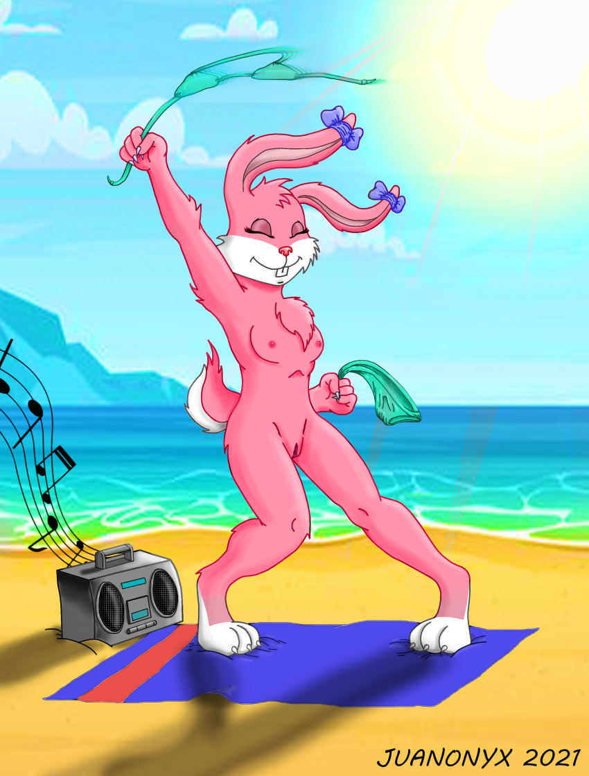 absurd_res babs babs_bunny beach bikini clothing dancing female hi_res holidays juanonyx lagomorph landscape leporid mammal music musical_note nudist nudist_beach rabbit radio sea seaside solo summer sun swimwear tiny_toon_adventures warner_brothers water