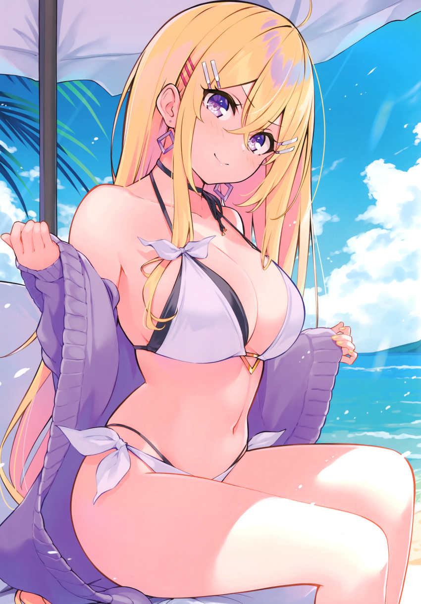 1girl absurdres bangs bare_shoulders bikini blonde_hair blue_sky blush breasts cleavage closed_mouth cloud cloudy_sky collarbone cu-no day earrings fingernails hair_ornament hairclip hakurei_botan highres hisen_kaede jewelry large_breasts lips long_hair looking_at_viewer nail_polish navel ocean off_shoulder outdoors purple_eyes scan simple_background sitting sky smile solo stomach swimsuit thighs water