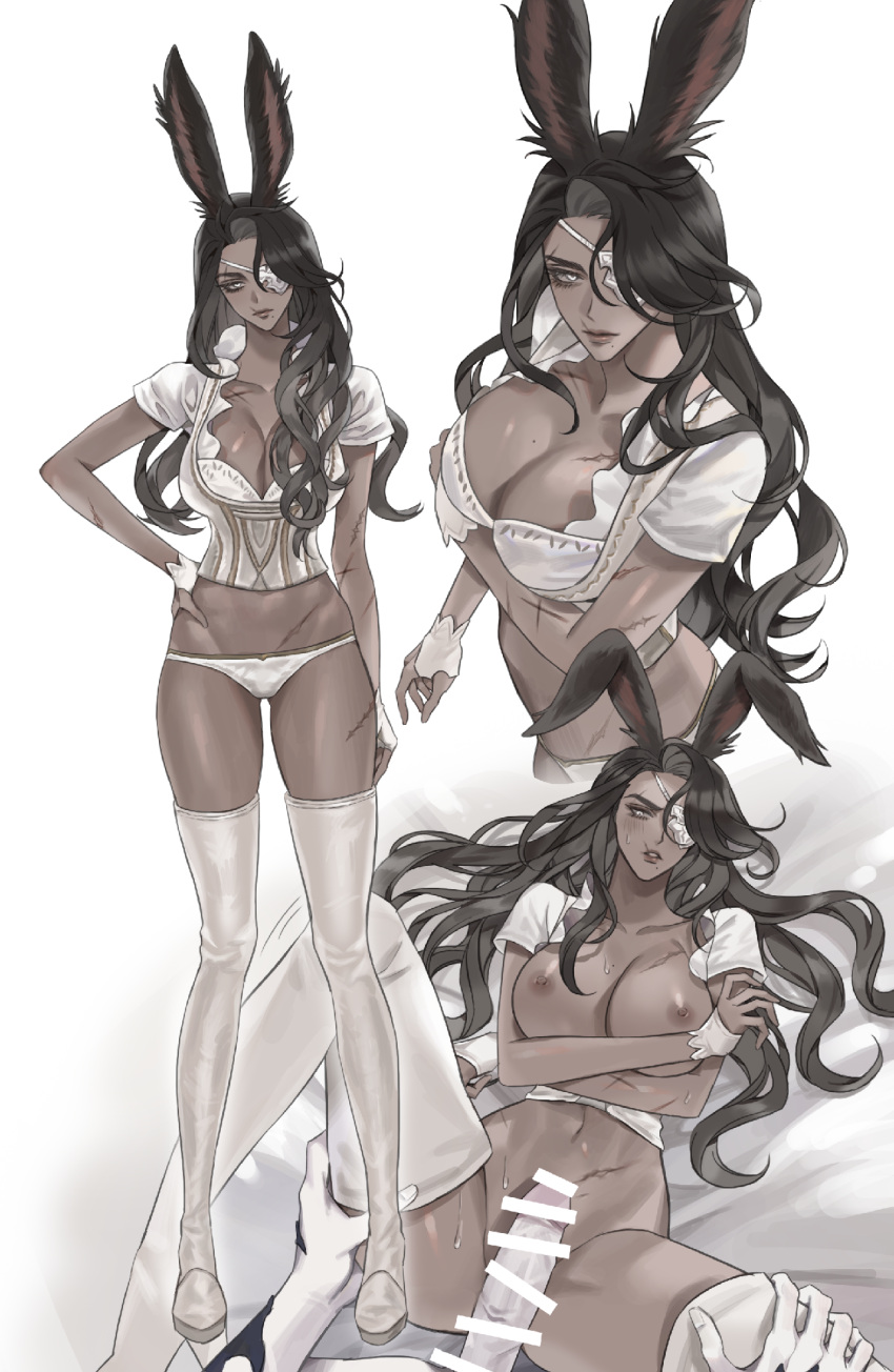 1boy 1girl animal_ears au_ra avatar_(ff14) black_hair blush boots breasts brown_hair censored cleavage closed_mouth collarbone dark-skinned_female dark_skin erection eyepatch final_fantasy final_fantasy_xiv fingernails frills hair_over_one_eye half-closed_eyes hand_on_hip high_heel_boots high_heels highres large_breasts long_hair mell_(dmwe3537) mole mole_on_breast mole_under_mouth mosaic_censoring multicolored_hair multiple_views navel pale_skin parted_lips penis rabbit_ears scar scar_on_arm scar_on_breasts scar_on_face scar_on_leg scar_on_mouth scar_on_stomach spread_legs sweat thigh_boots thighhighs thighs veins veiny_penis viera white_eyepatch white_eyes white_legwear