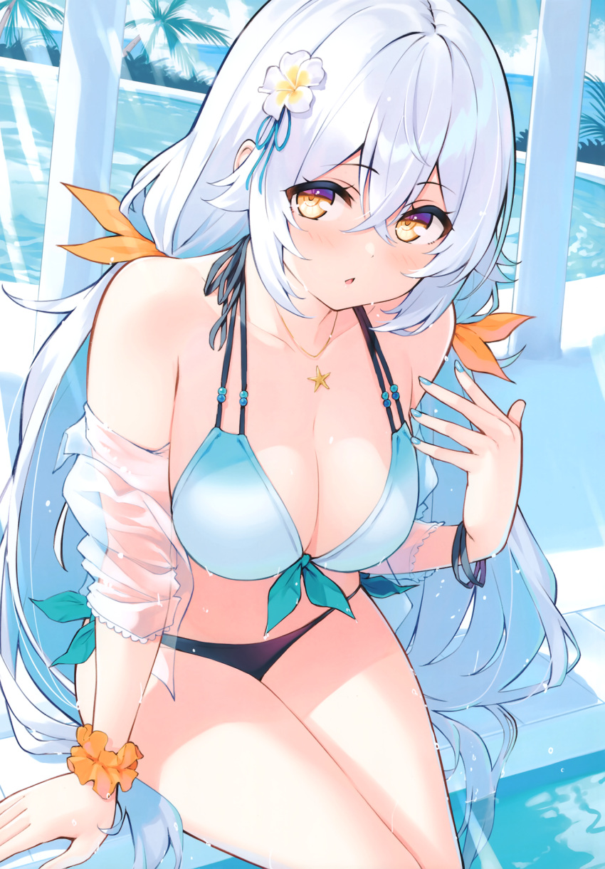 1girl absurdres armpits arms_up bangs bare_shoulders bikini blush breasts collarbone cu-no day eyewear_on_head highres hisen_kaede holding_hands long_hair looking_at_viewer navel open_mouth orange_eyes outdoors rapua_qive scan simple_background solo stomach striped sunglasses swimsuit water white_hair