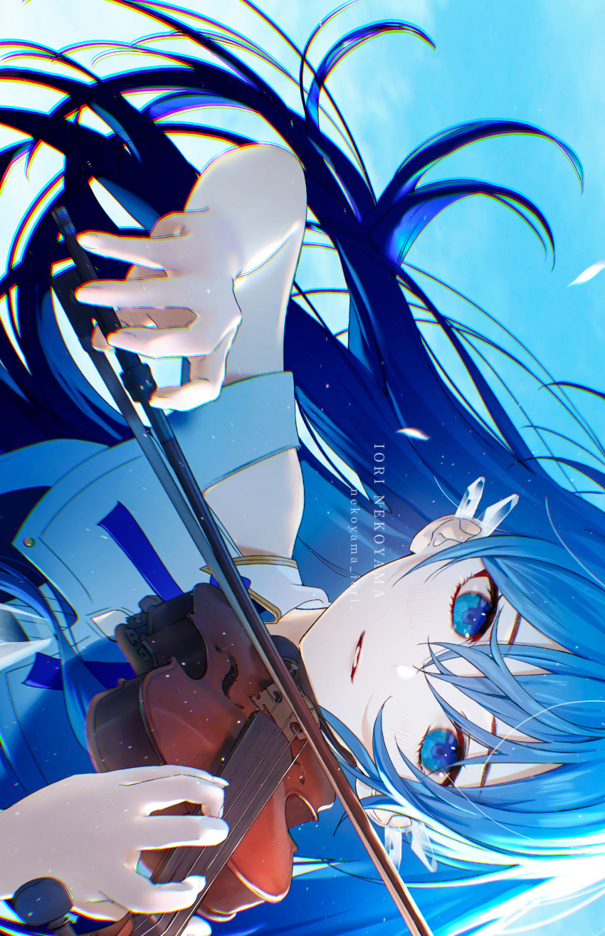 1girl absurdres artist_name bangs bare_arms bare_shoulders blue_eyes blue_hair clear_sky dress ears highres instrument long_hair looking_at_viewer music nail nekoyama_iori original playing playing_instrument sky smile solo teeth twitter_username violin