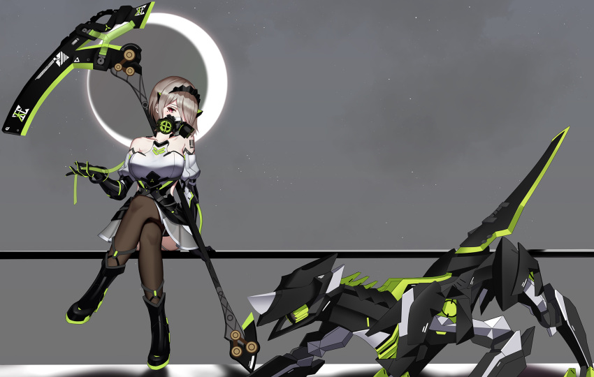 1girl bangs barcode barcode_tattoo bare_shoulders black_footwear black_gloves bob_cut boots brown_hair brown_legwear crossed_legs dress elbow_gloves freze full_body gloves grey_sky hair_over_one_eye highres holding holding_scythe holding_weapon honkai_(series) honkai_impact_3rd long_sleeves looking_at_viewer mask mole mole_under_eye moon mouth_mask purple_eyes rita_rossweisse rita_rossweisse_(phantom_iron) robot scythe shadow short_hair sitting solo tattoo thighhighs unfinished unfinished_background weapon white_dress