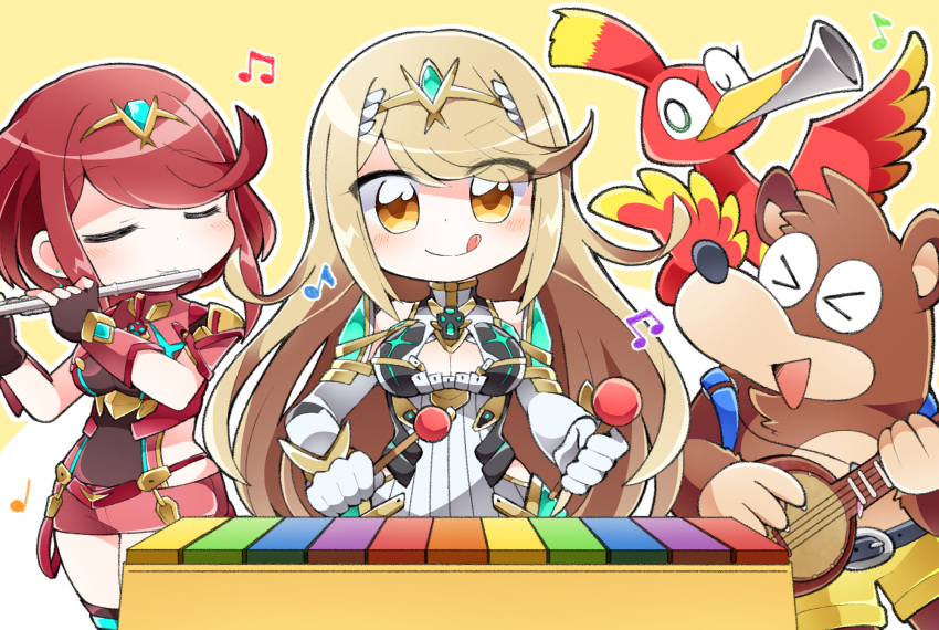 bangs banjo-kazooie banjo_(banjo-kazooie) bare_shoulders black_gloves blonde_hair breasts chest_jewel chibi cleavage cleavage_cutout clothing_cutout crossover dress earrings elbow_gloves fingerless_gloves gloves highres jewelry katanagi1129 kazooie_(banjo-kazooie) large_breasts long_hair mythra_(xenoblade) pyra_(xenoblade) red_eyes red_hair red_shorts short_dress short_hair short_shorts shorts super_smash_bros. swept_bangs tiara very_long_hair white_dress white_gloves xenoblade_chronicles_(series) xenoblade_chronicles_2 yellow_eyes