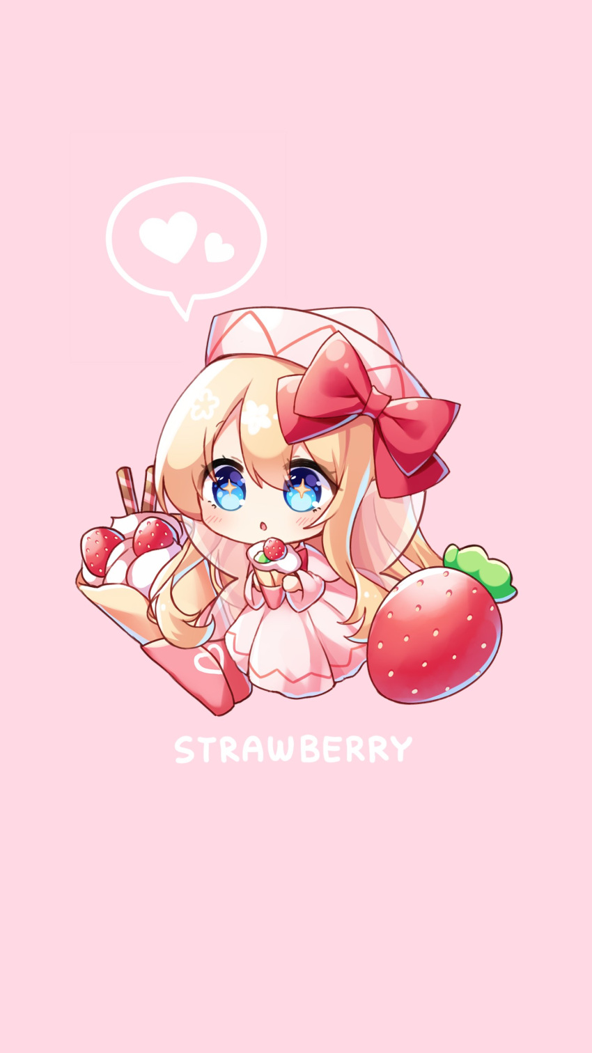 +_+ 1girl absurdres bangs berry blonde_hair blue_eyes blush bow bowtie capelet cream dress english_text eyebrows_visible_through_hair eyes_visible_through_hair fairy_wings food fruit hair_between_eyes hair_bow hands_up hat heart heart_print highres lily_white long_hair long_sleeves looking_to_the_side open_mouth pink_background pink_capelet pink_dress pink_headwear pink_heart pudding_(skymint_028) red_bow red_bowtie simple_background sitting solo star_(symbol) strawberry sweets touhou wide_sleeves wings