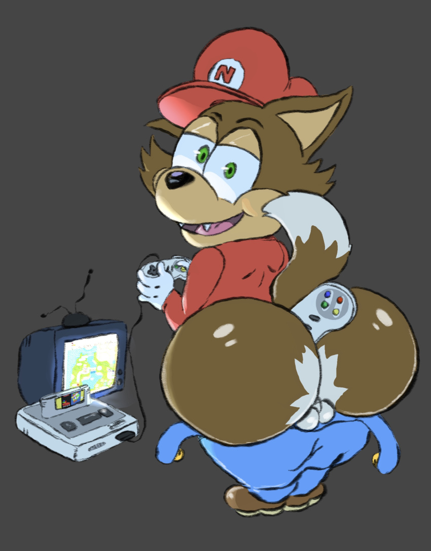 anthro balls big_butt bottomwear bottomwear_down butt canid canine clothed clothing famitsu fox genitals hi_res huge_butt looking_at_viewer male mammal mario_bros mooning necky_(famitsu) nintendo pants pants_down partially_clothed short_stack simplybobcat solo super_mario_world super_nintendo thick_thighs video_games