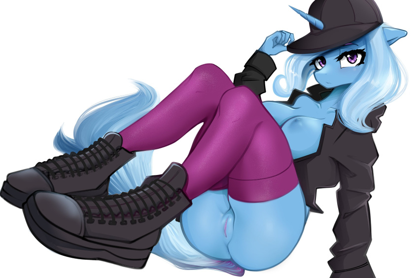 anthro boots bottomless breasts butt clothed clothing equid equine exposed_breasts female footwear friendship_is_magic genitals hasbro hat headgear headwear hi_res horn jacket kamushek228 legwear looking_at_viewer mammal my_little_pony nipples open_clothing open_jacket open_topwear partially_clothed pussy shoes solo stockings thigh_highs topwear trixie_(mlp) unicorn