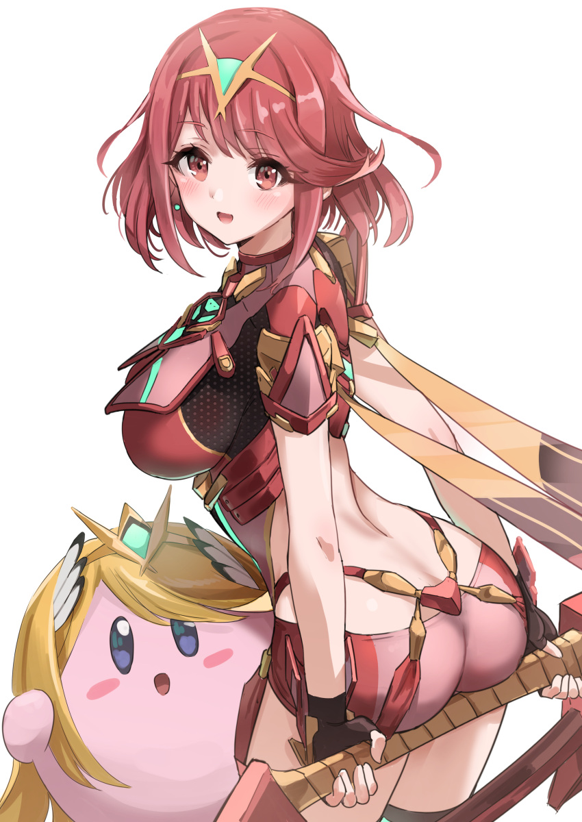 1girl :d absurdres ass blonde_hair blue_eyes blush_stickers breasts commentary_request cosplay dawn_(pokemon) headpiece highres holding holding_sword holding_weapon kirby kirby_(series) large_breasts looking_at_viewer looking_to_the_side mythra_(xenoblade) mythra_(xenoblade)_(cosplay) pizzasi pyra_(xenoblade) red_eyes red_hair red_shorts short_shorts short_sleeves shorts simple_background smile super_smash_bros. sword weapon weapon_behind_back white_background xenoblade_chronicles_(series) xenoblade_chronicles_2