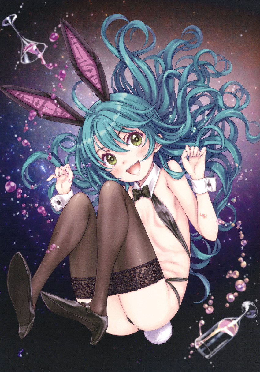 1girl absurdres ahoge animal_ears ass black_bow black_bowtie black_footwear blue_hair blush bow bowtie breasts collar covered_nipples cup drinking_glass eyebrows_visible_through_hair floating floating_hair focke_wulf full_body green_eyes high_heels highres lace-trimmed_legwear lace_trim liquid long_hair non-web_source open_mouth original rabbit_ears rabbit_tail revealing_clothes scan small_breasts smile solo space tail thighhighs wavy_hair wine_glass wrist_cuffs zero_gravity