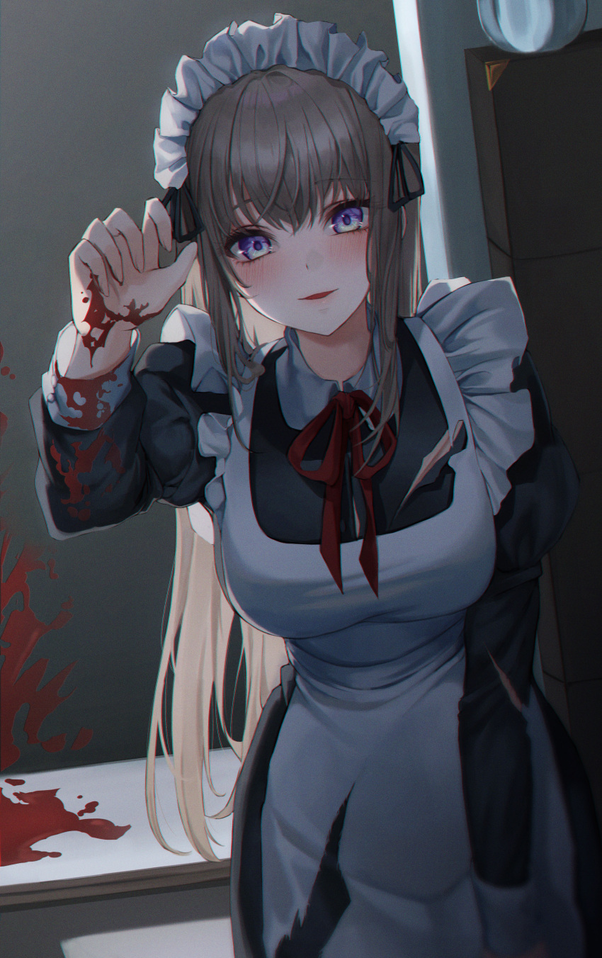 1girl absurdres ame_816 apron arm_up bangs blonde_hair blood blood_on_clothes blood_on_hands blush breasts eyebrows_visible_through_hair feet_out_of_frame highres leaning_forward long_hair looking_at_viewer maid maid_apron maid_headdress medium_breasts neck_ribbon open_mouth original purple_eyes red_ribbon ribbon simple_background smile solo standing torn_apron