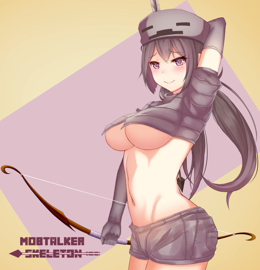 1girl arm_behind_head arm_up arrow_(projectile) blush borrowed_character bow_(weapon) breasts cleavage closed_mouth destinyplayer1 elbow_gloves eyebrows_visible_through_hair gloves grey_gloves grey_hair grey_shorts highres holding holding_arrow holding_bow_(weapon) holding_weapon large_breasts long_hair looking_at_viewer low_twintails minecraft navel personification pink_eyes short_shorts shorts skeleton skeleton_(minecraft) smile solo twintails underboob weapon