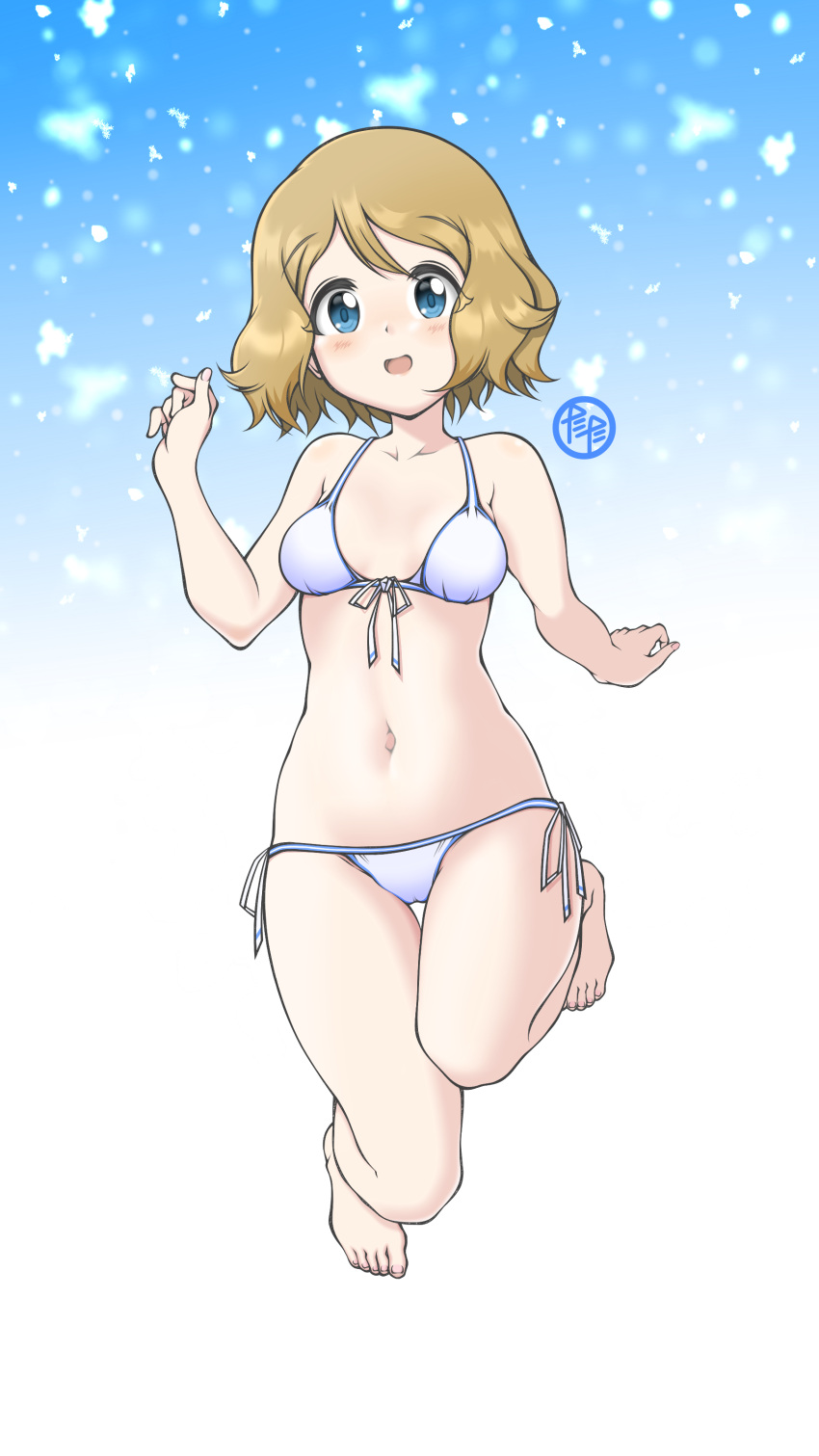 1girl absurdres bangs bare_arms barefoot bikini blonde_hair blue_eyes blush cameltoe commentary_request eyebrows_visible_through_hair full_body hand_up highres looking_at_viewer navel open_mouth pokemon pokemon_(anime) pokemon_xy_(anime) serena_(pokemon) short_hair side-tie_bikini smile solo swimsuit tax2rin toes tongue white_bikini