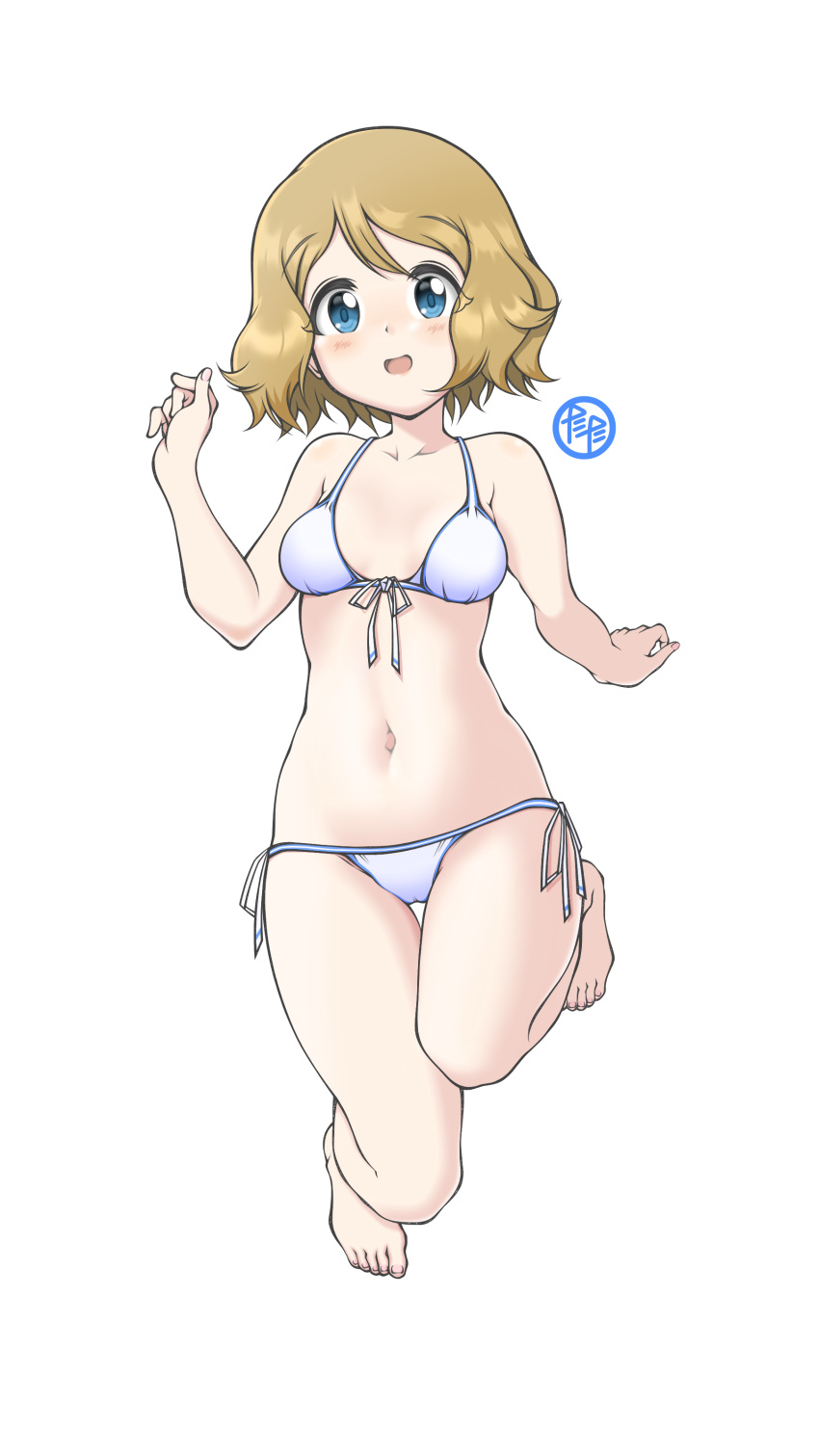 1girl absurdres bangs bare_arms barefoot bikini blonde_hair blue_eyes blush cameltoe commentary_request eyebrows_visible_through_hair full_body hand_up highres looking_at_viewer navel open_mouth pokemon pokemon_(anime) pokemon_xy_(anime) serena_(pokemon) short_hair side-tie_bikini simple_background smile solo swimsuit tax2rin toes tongue white_background white_bikini