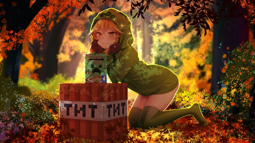 1girl black_gloves blush borrowed_character closed_mouth creeparka creeper cupa_(at2.) day destinyplayer1 eyebrows_visible_through_hair gloves green_hoodie green_legwear highres hood hoodie long_sleeves looking_at_viewer minecraft orange_eyes orange_hair outdoors personification smile solo thighhighs