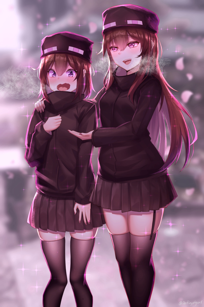2girls ander_(at2.) black_legwear black_skirt blush borrowed_character destinyplayer1 enderman eyebrows_visible_through_hair garter_straps highres long_hair long_sleeves looking_at_another minecraft multiple_girls open_mouth personification pleated_skirt purple_eyes purple_nails short_hair skirt smile thighhighs