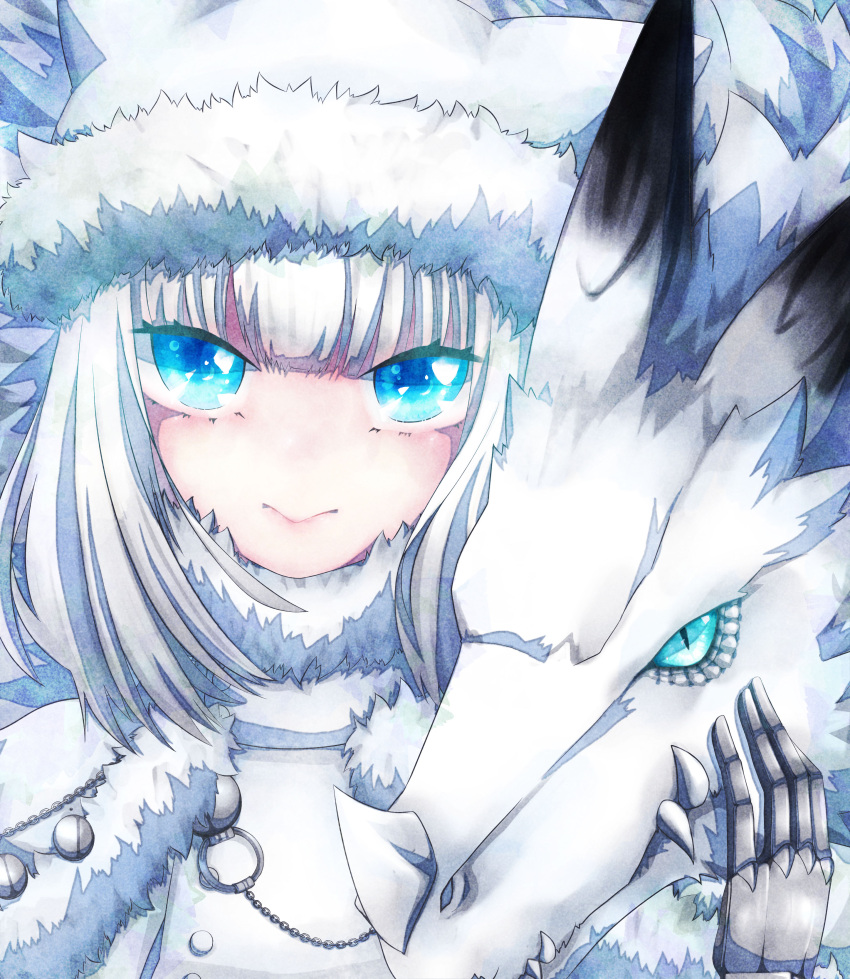 1girl absurdres animal_ears bangs blue_eyes blush breasts buttons cape capelet cat_ears cat_girl cat_tail crop_top dobrynya_nikitich_(fate) dragon fate/grand_order fate_(series) fur-trimmed_capelet fur-trimmed_headwear fur_trim gauntlets hat highres large_breasts long_hair long_sleeves looking_at_viewer tail white_cape white_capelet white_hair white_headwear winoe