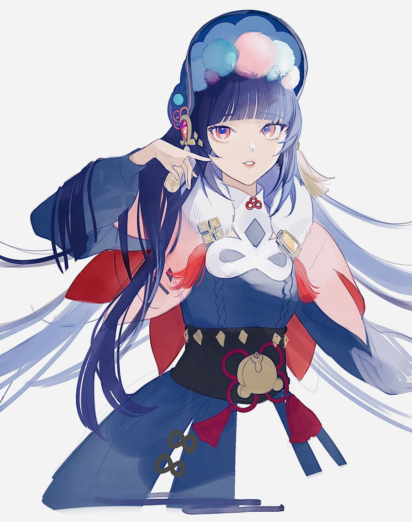 1girl bangs blue_dress blunt_bangs bonnet capelet commentary cropped_torso dress fur-trimmed_capelet fur_trim genshin_impact grey_background hair_ornament hand_up highres kushami_deso long_hair looking_up parted_lips pink_capelet pom_pom_(clothes) pom_pom_hair_ornament purple_hair red_eyes simple_background solo tassel unfinished upper_body vision_(genshin_impact) yun_jin_(genshin_impact)