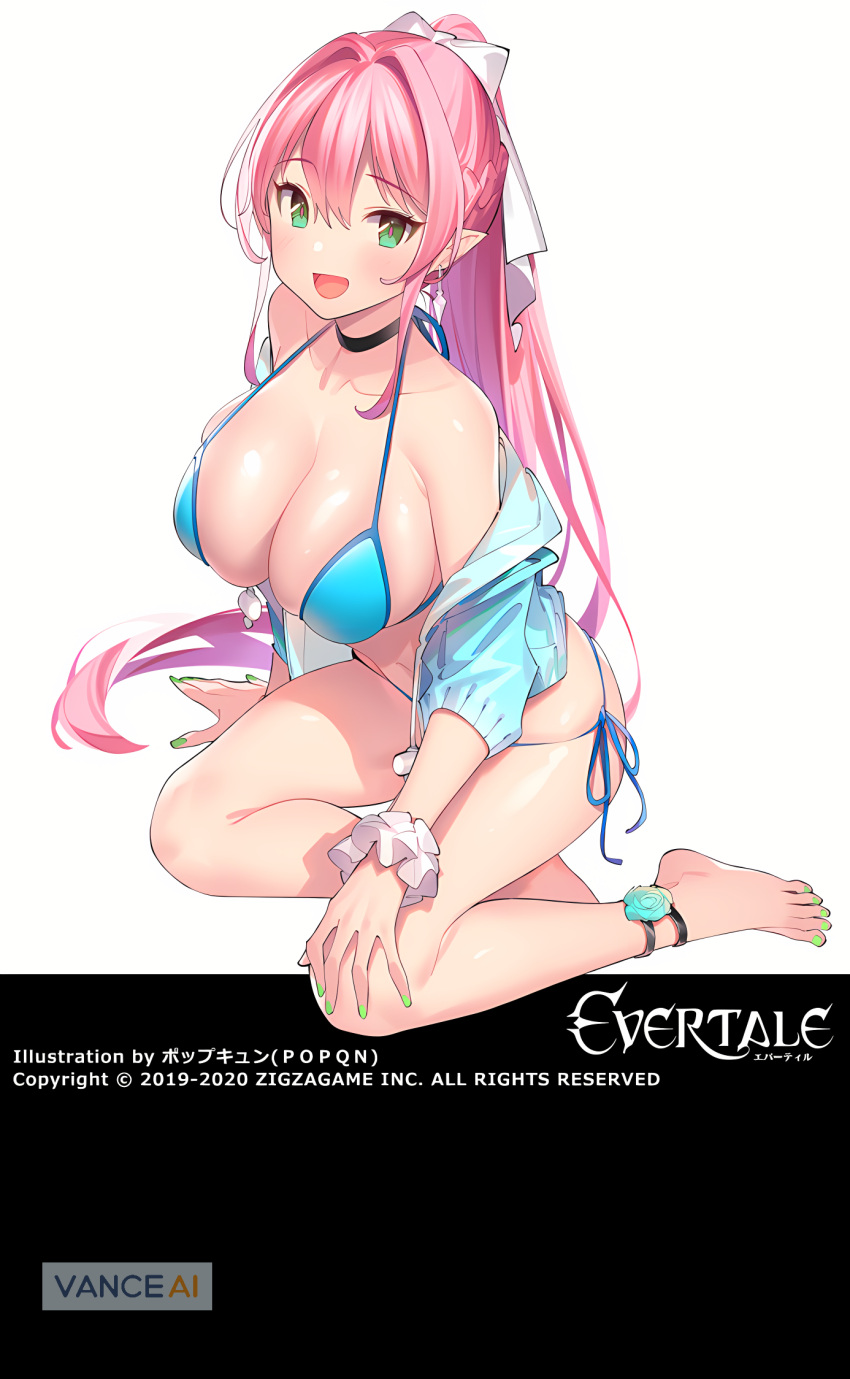 1girl :d anklet bare_shoulders barefoot bikini blue_bikini blush breasts choker cleavage copyright_name earrings evertale green_eyes hair_ribbon hand_on_own_knee highres jacket jewelry large_breasts long_hair looking_at_viewer nail_polish off_shoulder official_art open_clothes open_jacket open_mouth pink_hair pointy_ears ponytail popqn revealing_clothes ribbon scrunchie shiny shiny_skin side-tie_bikini sidelocks simple_background sitting smile solo swimsuit toenail_polish toenails very_long_hair white_background wrist_scrunchie yokozuwari
