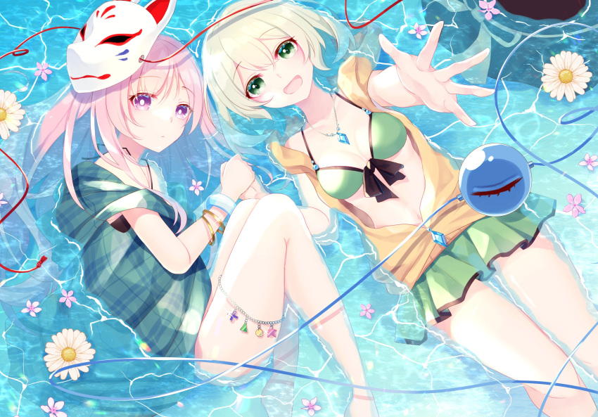 2girls absurdres afloat alternate_costume bangs blush bracelet breasts bright_pupils buttons checkered_clothes checkered_jacket commentary_request diamond_button eyeball eyelashes flower fox_mask gold_bracelet green_eyes green_hair green_skirt hata_no_kokoro highres holding_hands jacket jewelry komeiji_koishi lying mask mask_on_head microskirt multiple_girls on_back on_side open_mouth outstretched_arm pendant pink_eyes pink_hair shinketsu_kanyu skirt sleeveless sleeveless_jacket small_breasts thighlet thighs third_eye touhou water white_flower white_pupils yellow_jacket