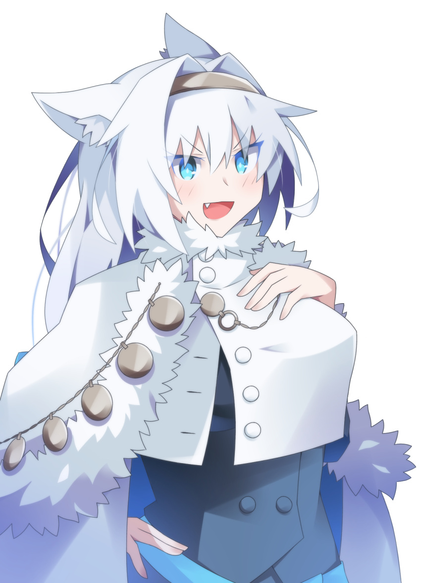 1girl animal_ears bangs blue_eyes blue_ribbon blush breasts buttons cape capelet cat_ears cat_girl crop_top crop_top_overhang dobrynya_nikitich_(fate) dress fang fate/grand_order fate_(series) fur-trimmed_capelet fur_trim gauntlets grey_dress highres large_breasts long_hair long_sleeves looking_at_viewer low_ponytail open_mouth ribbon short_dress smile solo uryu0270 white_cape white_capelet white_hair