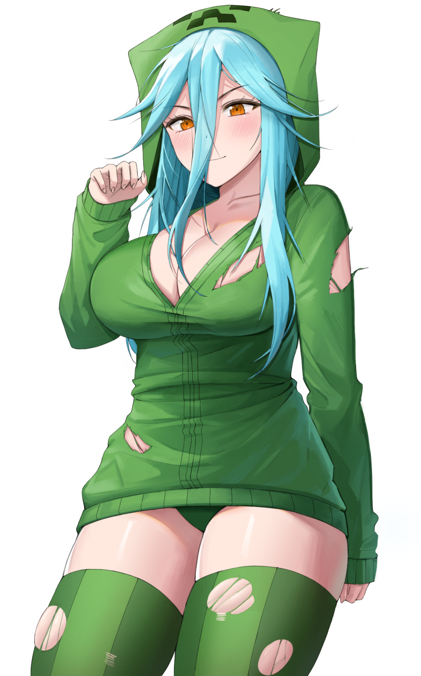 1girl blue_hair blush breasts brown_eyes cleavage closed_mouth commission creeparka creeper dada_(dadada_20) eyebrows_visible_through_hair green_hoodie green_legwear green_panties hair_between_eyes highres hood hood_up hoodie large_breasts long_hair long_sleeves looking_at_viewer minecraft panties pixiv_request smile solo thighhighs thighs torn_clothes torn_hoodie torn_legwear underwear