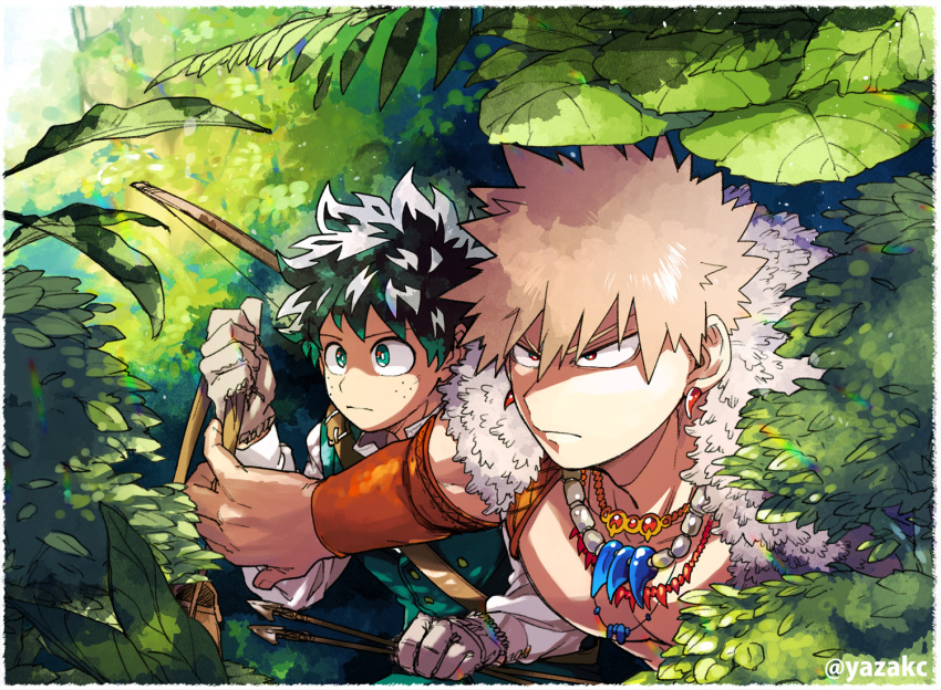 2boys arrow_(projectile) bag bakugou_katsuki bangs bara blonde_hair boku_no_hero_academia bow_(weapon) closed_mouth day earrings fur_trim gloves green_eyes green_hair green_vest holding holding_arrow holding_bag jewelry large_pectorals looking_away male_focus midoriya_izuku multiple_boys muscular muscular_male necklace official_alternate_costume outdoors pectorals red_eyes shirt short_hair spiked_hair tooth_earrings tooth_necklace twitter_username vest weapon weapon_behind_back white_gloves white_shirt yazakc