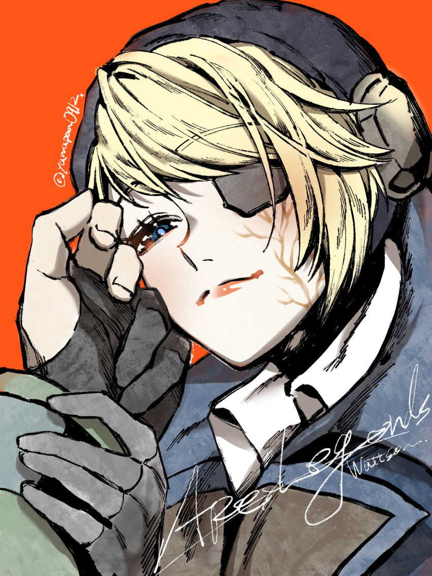 1boy 1girl apex_legends bangs black_eyes black_headwear blonde_hair blue_eyes blue_jacket blush character_name copyright_name crypto_(apex_legends) deep_current_wattson eyepatch hair_over_one_eye head_tilt highres holding_another's_arm jacket mozuwaka one_eye_covered orange_background pov scar scar_on_cheek scar_on_face smile solo_focus twitter_username wattson_(apex_legends)