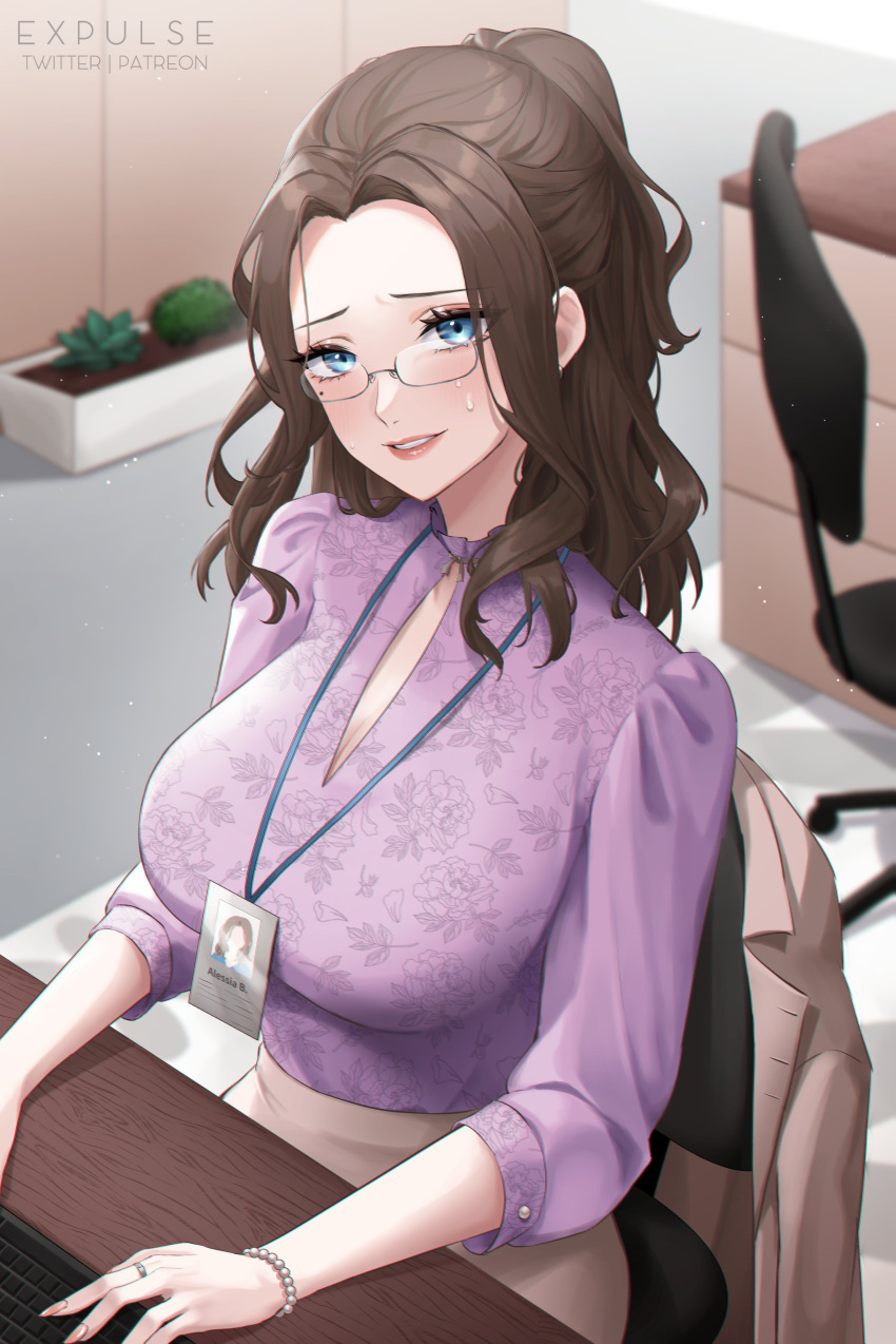 1girl absurdres beige_blazer beige_skirt blouse blue_eyes bracelet breasts brown_hair chair cleavage desk expulse from_above glasses high_ponytail highres id_card indoors jewelry keyboard_(computer) lanyard large_breasts long_hair looking_at_viewer mole mole_under_eye office_lady original parted_lips pearl_bracelet purple_blouse ring shirt_tucked_in sidelocks sitting skirt sweatdrop