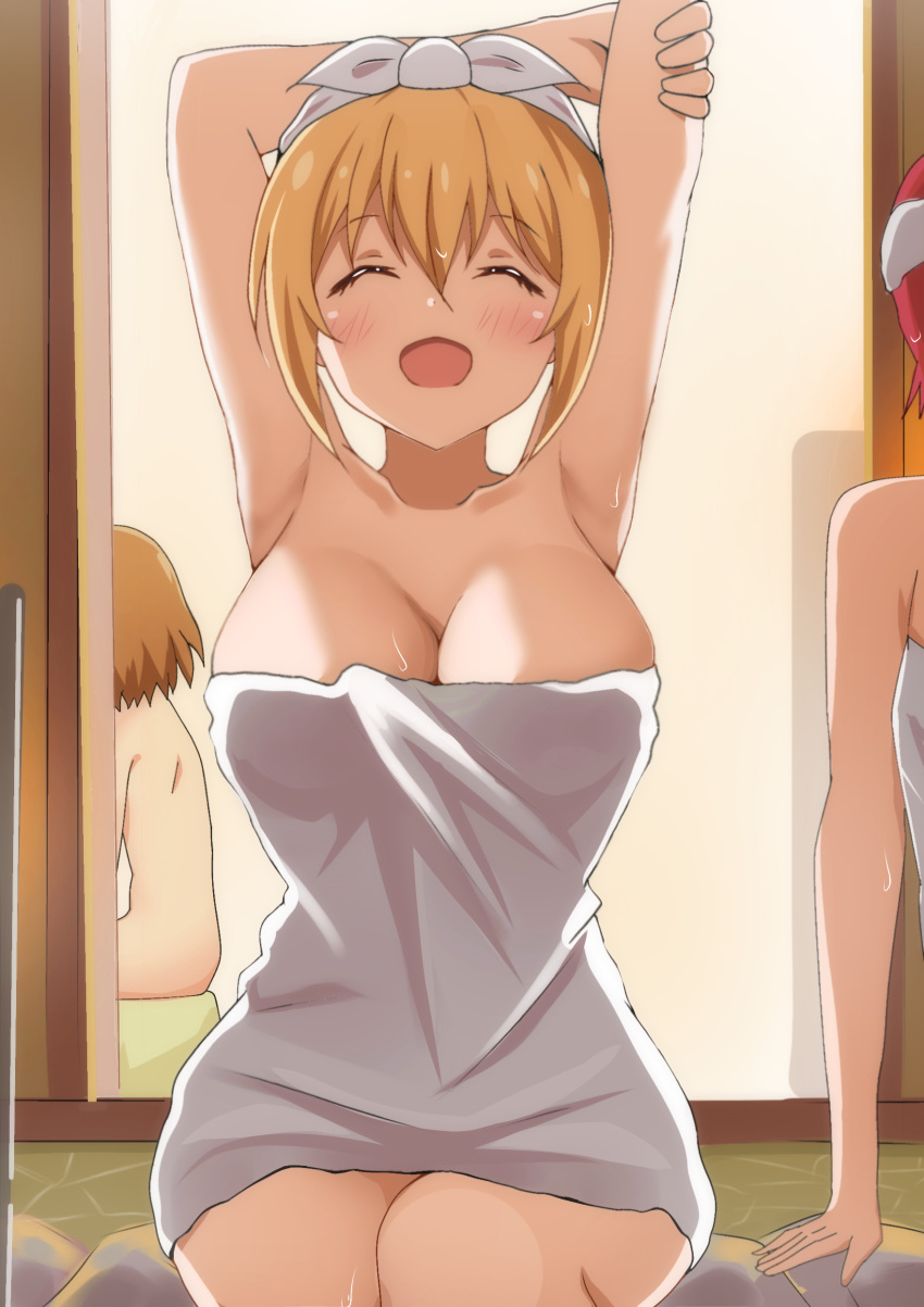 :d ^_^ absurdres bath blend_s blonde_hair blush breasts cleavage closed_eyes highres hinata_kaho large_breasts naked_towel onsen open_mouth poa_mellhen sitting smile solo_focus towel towel_on_head