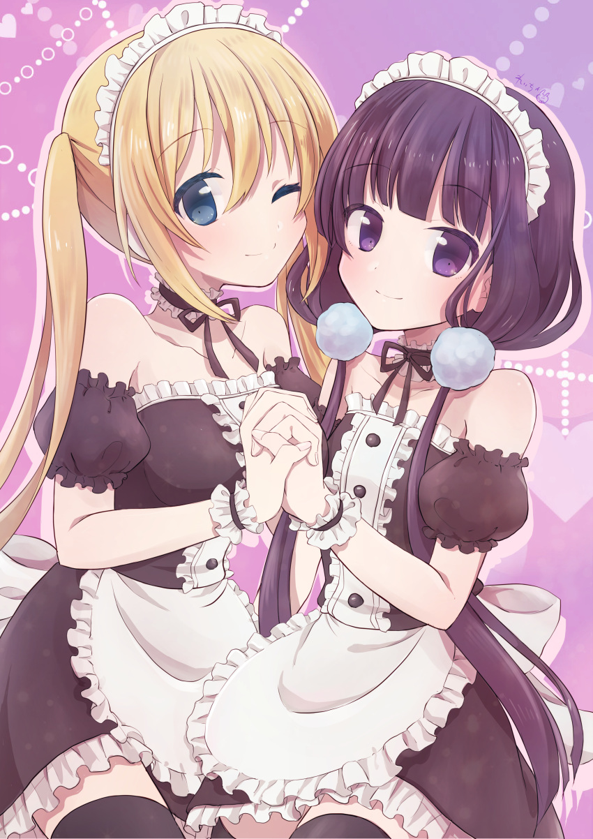 2girls ;) absurdres alternate_costume apron bare_shoulders black_dress black_hair black_legwear blend_s blonde_hair center_frills choker closed_mouth collarbone detached_sleeves dress enmaided frilled_choker frills highres hinata_kaho holding_hands interlocked_fingers long_hair looking_at_viewer low_twintails maid maid_headdress multiple_girls neck_ribbon one_eye_closed puffy_short_sleeves puffy_sleeves reijiro ribbon sakuranomiya_maika short_dress short_sleeves smile strapless strapless_dress thighhighs twintails waist_apron white_apron white_choker wrist_cuffs