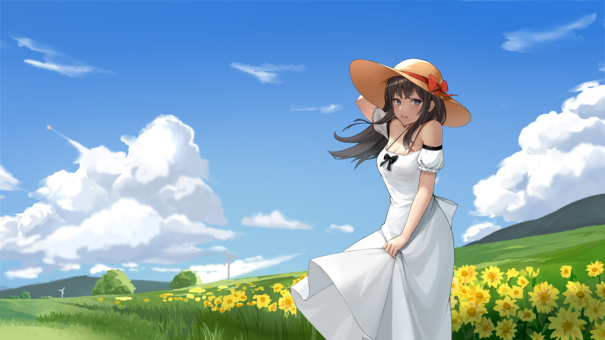 1girl absurdres arm_behind_head bangs bare_shoulders black_bow black_hair blue_eyes blue_sky bow breasts cleavage cloud collarbone commentary_request cowboy_shot crossed_bangs dress eyebrows_visible_through_hair flower frilled_sleeves frills grass hair_between_eyes hat highres lifted_by_self long_hair looking_at_viewer looking_to_the_side mountain off-shoulder_dress off_shoulder open_mouth original outdoors plain scenery short_sleeves sidelocks sky solo standing straw_hat sunflower tari_(aegr3883) teeth tree upper_teeth white_dress wind windmill
