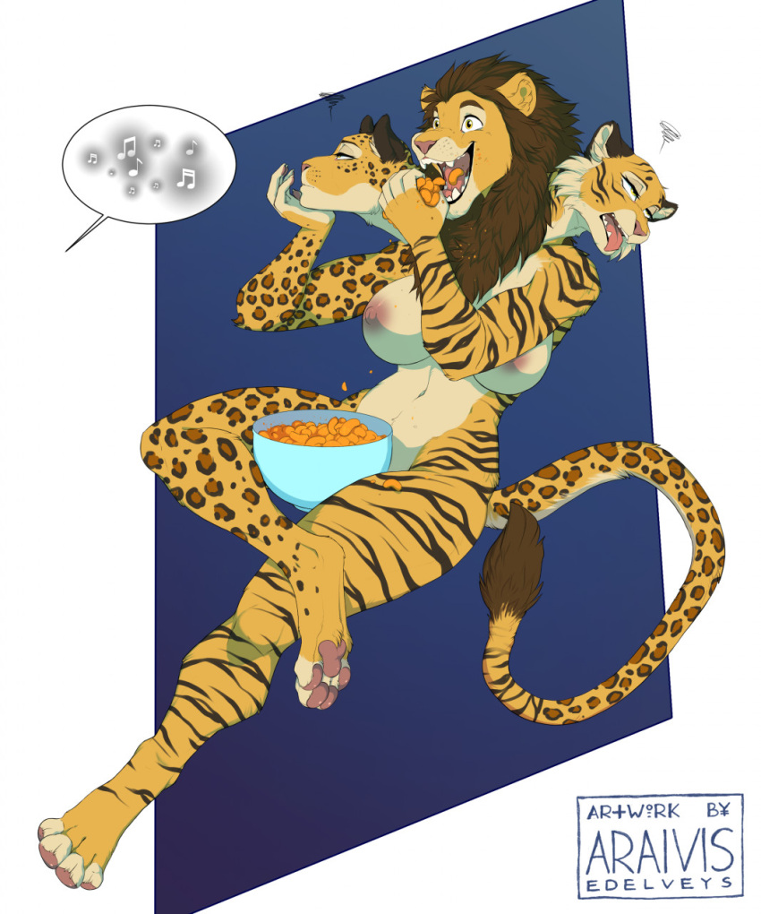 2022 5_fingers anthro araivis-edelveys areola black_stripes breasts cheetah digital_media_(artwork) eyebrows eyelashes felid feline female fingers fur hair hi_res leopard lion mammal nipples nude open_mouth orange_body orange_fur pantherine smile striped_body striped_fur stripes teeth tiger tongue