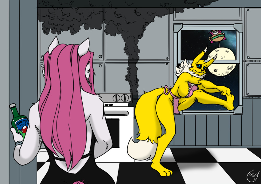 3_toes alcohol anthro appliance apron apron_only bandai_namco barefoot beverage big_breasts bottle breasts bucky_o'hare_(series) butt canid canine clothing colored digimon digimon_(species) dress edit exercise feet female fluffy fluffy_tail fur hair humor jenny_(bucky_o'hare) kitchen kitchen_appliance long_hair mammal meme moon mostly_nude open_mouth open_smile oven pink_hair renamon risenhentaidemon side_boob smile smoke steamed_hams the_simpsons toes white_body white_fur window wine yawg yellow_body yellow_fur