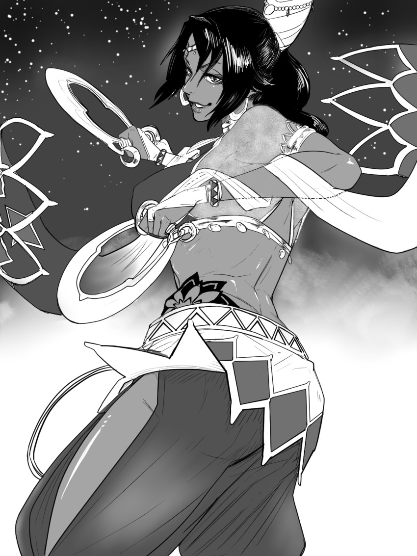 1girl alternate_costume armlet back bleach breasts bridal_gauntlets chakram dark-skinned_female dark_skin earrings from_side greyscale harem_pants highres holding holding_weapon hoop_earrings jewelry large_breasts lips long_hair looking_at_viewer monochrome pants parted_lips shawl shihouin_yoruichi shiny shiny_skin smile solo tata_(pixiv57531723) tattoo tiara twisted_torso weapon