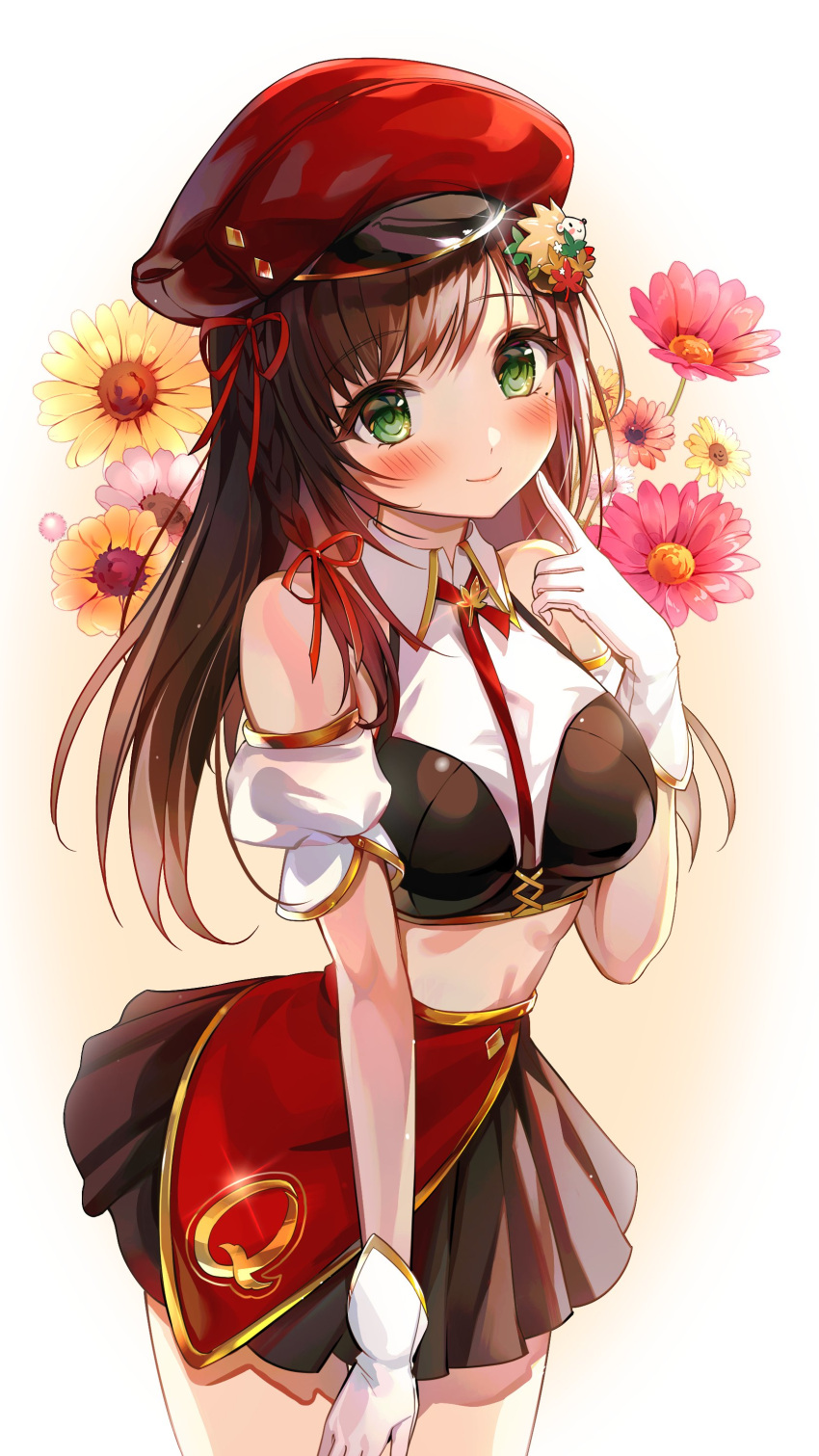 1girl absurdres bare_shoulders black_hair black_skirt breasts closed_mouth collared_shirt cowboy_shot crop_top detached_sleeves flower glint gloves gold_trim green_eyes hair_flower hair_ornament hand_up hat high-waist_skirt highres index_finger_raised indie_virtual_youtuber long_hair looking_at_viewer luna_nyann medium_breasts midriff miniskirt mole mole_under_eye peaked_cap pleated_skirt qutie red_headwear revealing_clothes shirt skirt smile solo standing virtual_youtuber white_gloves white_shirt