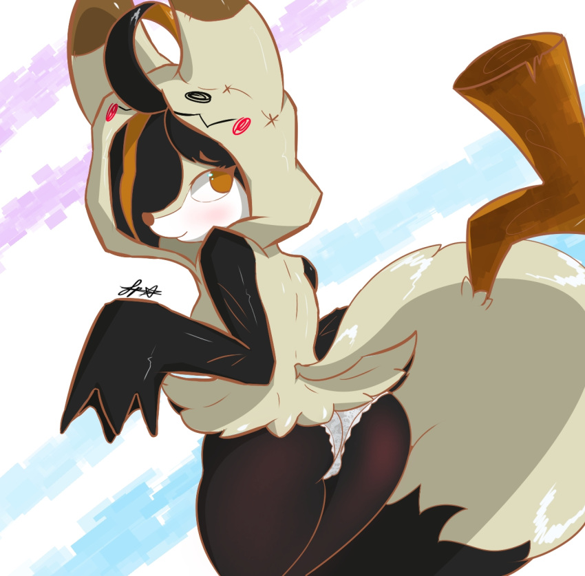 anthro bangs black_body black_fur blush bottomwear braixen butt butt_focus clothed clothing cute_expression cute_eyes fan_character female fur grey_body grey_fur hi_res hood hoodie laced_underwear long_sleeves mimikyu nintendo panties pinup pixyfox23 pok&eacute;mon pok&eacute;mon_(species) pokefusion pose prick_ears raised_bottomwear raised_clothing raised_skirt shy simple_background skirt solo spanked_butt stick thick_thighs topwear underwear video_games