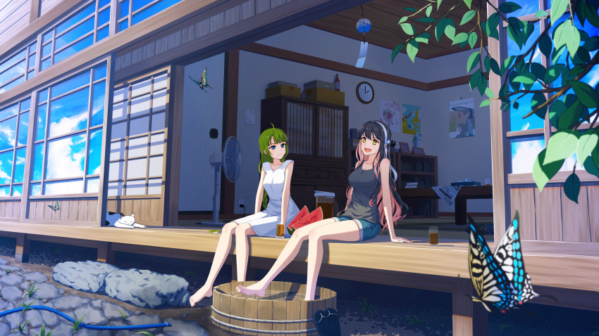2girls absurdres ahoge alternate_costume architecture bare_legs barefoot black_hair black_shirt blue_shorts braid breasts bucket bug building butterfly cat clock day dress east_asian_architecture food fruit green_hair hairband hand_fan highres hose house kantai_collection large_breasts long_braid long_hair mole mole_under_mouth multicolored_hair multiple_girls naganami_(kancolle) outdoors pink_hair rankebu remodel_(kantai_collection) revision shirt short_shorts shorts single_braid sitting sleeveless sleeveless_shirt soaking_feet sundress two-tone_hair veranda very_long_hair watermelon wavy_hair white_dress white_hairband wind_chime wooden_bucket yellow_eyes yuugumo_(kancolle)