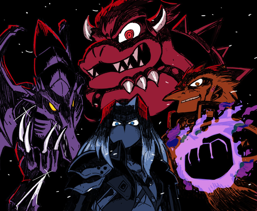 2boys absurdres bowser claws clenched_hand crossed_arms evil_smile fangs final_fantasy final_fantasy_vii ganondorf glaring glowing_fist highres horns long_hair male_focus mario_(series) metroid multiple_boys rariatto_(ganguri) ridley sephiroth shaded_face sharp_teeth smile sparkle spiked_shell super_mario_bros. super_smash_bros. teeth the_legend_of_zelda the_legend_of_zelda:_ocarina_of_time wings