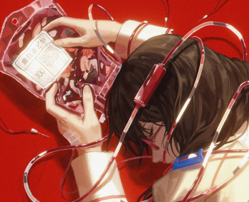 1girl akemi_homura bag beige_vest black_hair blood blood_bag character_name closed_eyes commentary english_commentary fingernails glasses highres holding holding_bag long_sleeves mahou_shoujo_madoka_magica mitakihara_school_uniform pipe red-framed_eyewear red_theme school_uniform shirt solo syringe translated upper_body white_shirt yayaziiii