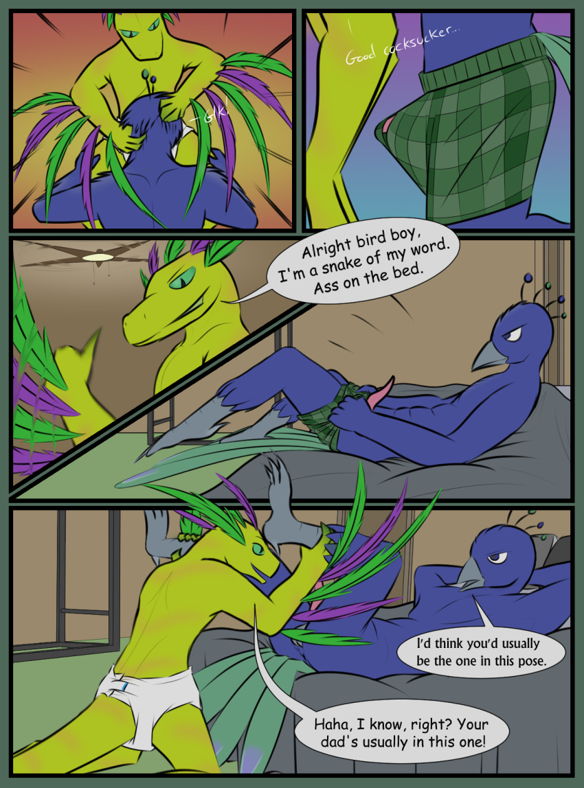 anthro avian balls beak bed bedroom bird clothed clothing comic couatl detailed_background dialogue diaper digital_media_(artwork) duo english_text erection erection_under_clothing erik_cooper feathered_snake feathers furniture genitals hi_res inside itzal_eguzkia legswithsnake lying male male/male nude on_back oral penis reptile scalie sex snake speech_bubble text underwear undressing