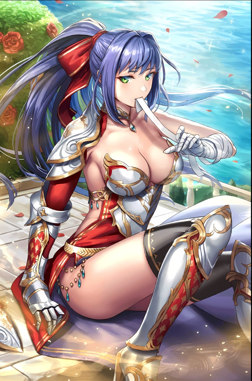 absurdres armor blue_hair breasts cuboon evertale green_eyes highres large_breasts long_hair looking_at_viewer revealing_clothes thighs