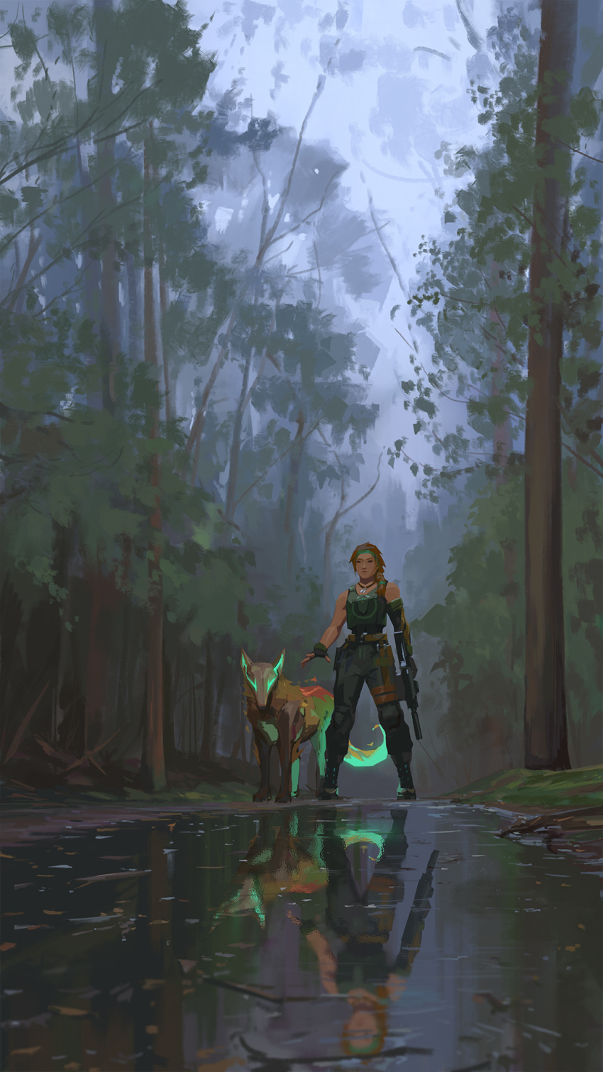 1girl assault_rifle bare_shoulders black_footwear boots closed_mouth cloud cloudy_sky dirt dog_tags english_commentary fingerless_gloves forest full_body gloves glowing green_eyes green_shirt gun headband highres holding holding_gun holding_weapon legs_apart nature orange_hair painting reflection reflective_water rifle scenery shirt sketch sky skye_(valorant) snatti solo standing thigh_strap tree valorant weapon wolf wristband