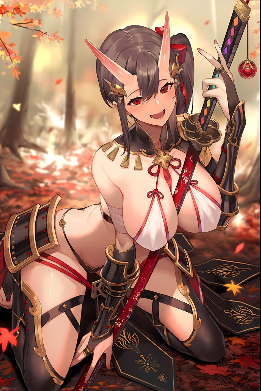 absurdres bent_over breasts evertale highres horns large_breasts looking_at_viewer oni oni_horns open_mouth pose red_eyes revealing_clothes smile sword_between_breasts
