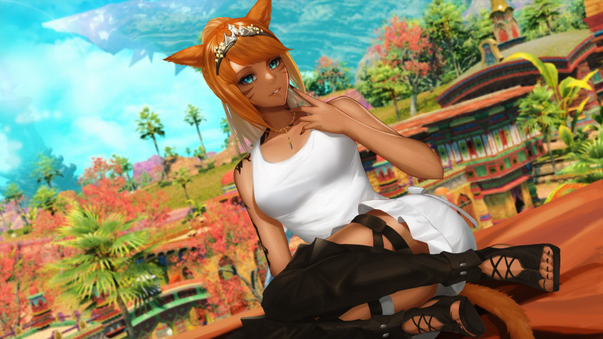 1girl absurdres animal_ears arm_tattoo avatar_(ff14) bangs black_nails blue_eyes boots building cat_ears cat_tail circlet dark-skinned_female dark_skin day dress facial_mark final_fantasy final_fantasy_xiv freckles highres jewelry long_hair looking_at_viewer miqo'te outdoors pendant ponytail red_hair sitting sleeveless slit_pupils solo swept_bangs tail tattoo thigh_boots thighhighs toeless_footwear whisker_markings white_dress zeri_(zeristudio)