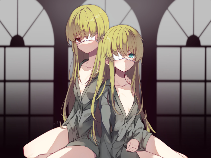 2girls absurdres aqua_eyes artist_name bangs black_souls blonde_hair breasts bright_pupils buttons chinese_commentary collarbone eyebrows_visible_through_hair eyepatch grey_shirt hair_between_eyes highres long_hair long_sleeves looking_at_viewer multiple_girls pupa_jiang red_eyes shirt siblings sidelocks sisters small_breasts tweedle_dee_(black_souls) tweedle_dum_(black_souls) twins white_eyepatch white_pupils