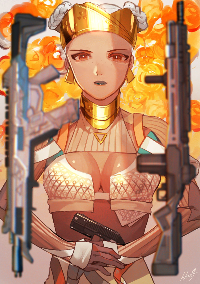 1girl apex_legends assault_rifle beige_shorts braid braided_bun breasts brown_eyes cleavage dark-skinned_female dark_skin double_bun earrings flower g7_scout gold_headband grey_hair gun handgun highres holding holding_gun holding_weapon jewelry lifeline_(apex_legends) looking_at_viewer medium_breasts official_alternate_costume orange_flower p2020_(pistol) peso_(honopesopeso) pistol r-301_carbine rifle shrug_(clothing) solo upper_body weapon worlds_apart_lifeline