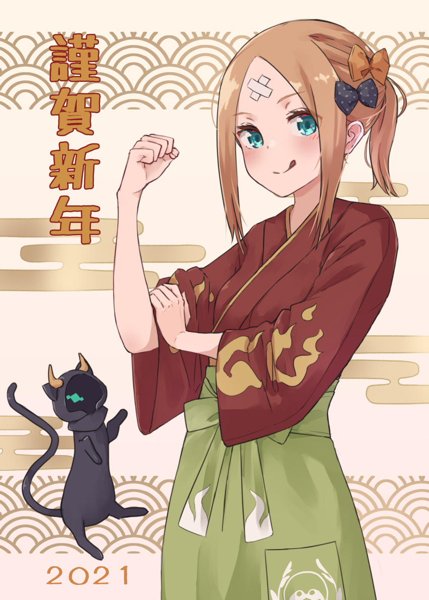 1girl 2021 :q abigail_williams_(fate) absurdres alternate_costume alternate_hairstyle animal aqua_eyes bangs black_bow black_cat blush bow bras_d'honneur brown_bow brown_hair brown_kimono cat clenched_hand closed_mouth crossed_bandaids egasumi fate/grand_order fate_(series) forehead green_hakama hair_bow hakama hakama_skirt hand_up highres japanese_clothes kimono kopaka_(karda_nui) long_sleeves looking_at_viewer parted_bangs polka_dot polka_dot_bow ponytail seigaiha sidelocks skirt smile solo tongue tongue_out translation_request wide_sleeves